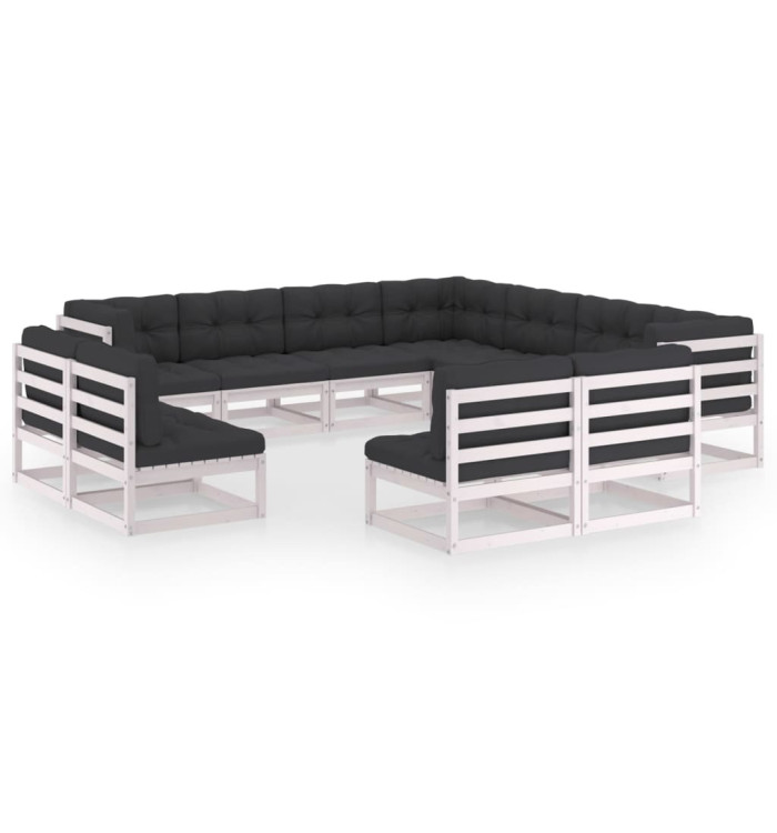 Salon de jardin 11 pcs avec coussins Blanc Bois de pin massif | Mobilier & Déco