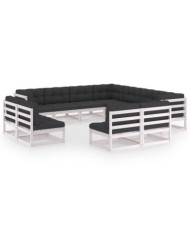 Salon de jardin 11 pcs avec coussins Blanc Bois de pin massif | Mobilier & Déco