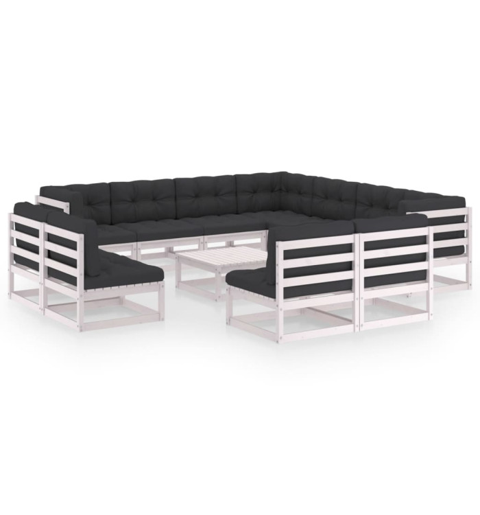 Salon de jardin 12 pcs avec coussins Blanc Bois de pin massif | Mobilier & Déco