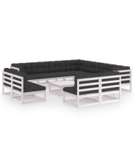 Salon de jardin 12 pcs avec coussins Blanc Bois de pin massif | Mobilier & Déco
