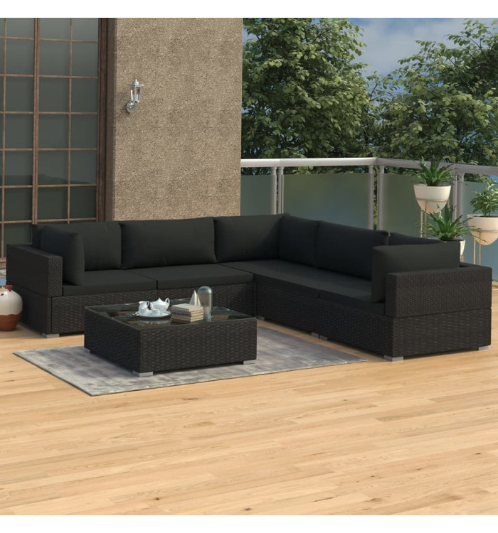 Salon de jardin 6 pcs avec coussins résine tressée noir | Mobilier & Déco