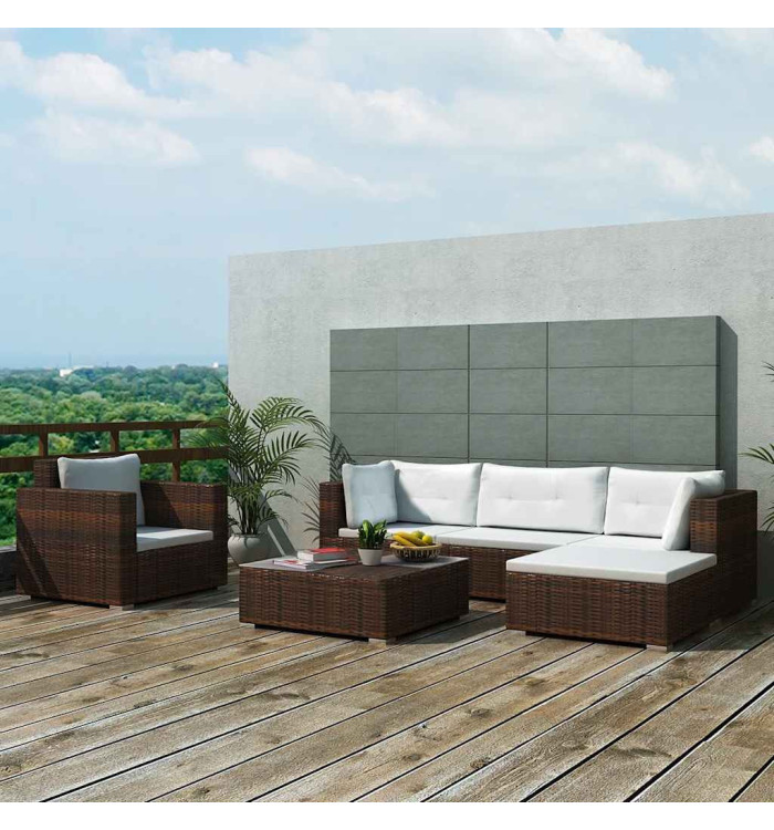 Salon de jardin 6 pcs avec coussins Résine tressée Marron | Mobilier & Déco