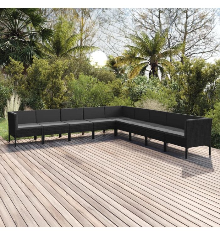 Salon de jardin 9 pcs avec coussins Résine tressée Noir | Mobilier & Déco