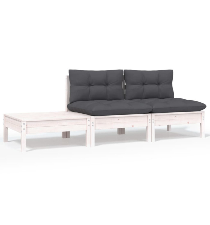 Salon de jardin 3 pcs avec coussins Blanc Bois de pin massif | Mobilier & Déco