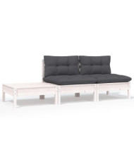 Salon de jardin 3 pcs avec coussins Blanc Bois de pin massif | Mobilier & Déco