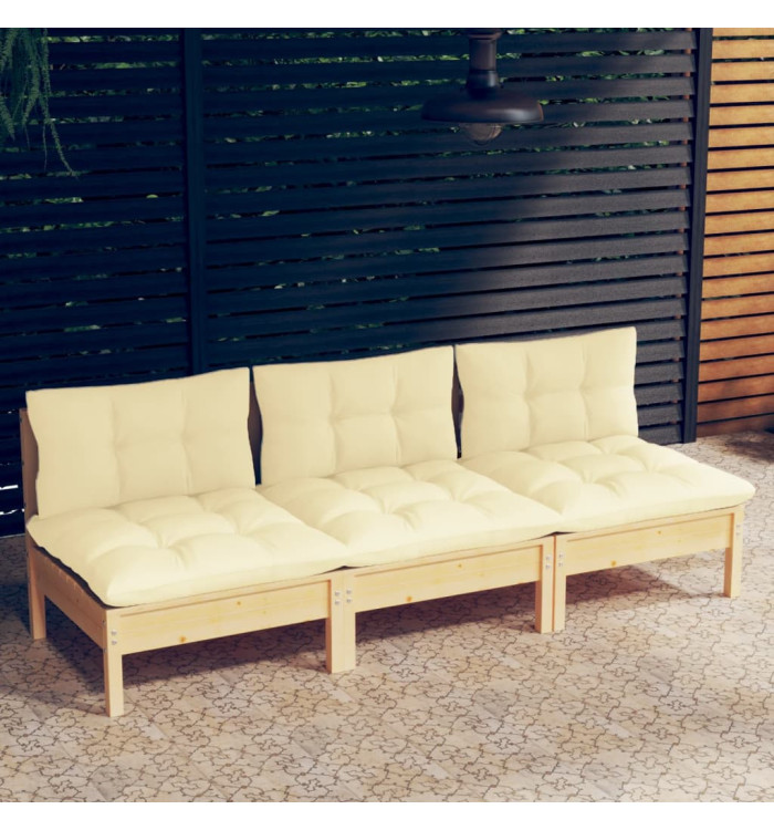 Canapé 3 places de jardin et coussins crème Bois de pin solide | Mobilier & Déco