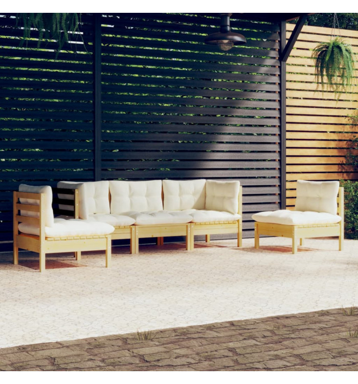 Salon de jardin 5 pcs avec coussins crème bois de pin massif | Mobilier & Déco