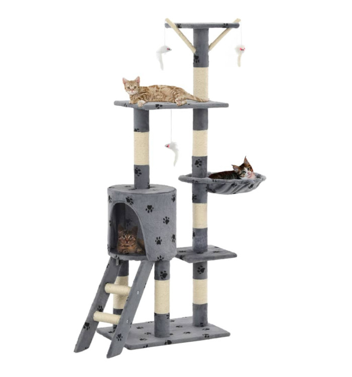 Arbre à chat avec griffoir en sisal 138 cm Gris Motif de pattes | Mobilier & Déco