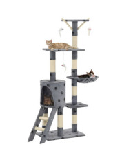 Arbre à chat avec griffoir en sisal 138 cm Gris Motif de pattes | Mobilier & Déco
