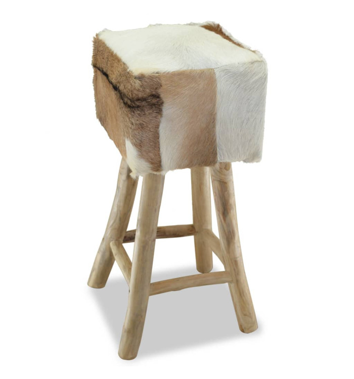 Tabouret de bar Cuir véritable et bois de teck solide | Mobilier & Déco