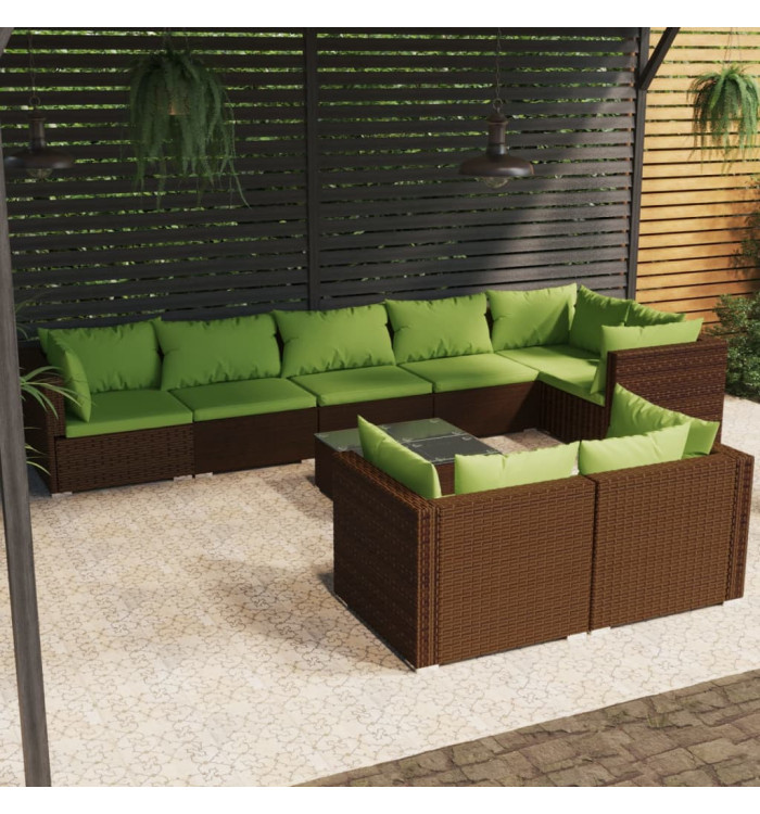 Salon de jardin avec coussins 9 pcs marron résine tressée | Mobilier & Déco