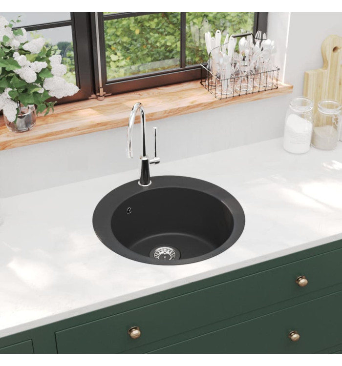 Évier de cuisine en granit Bac unique Rond Noir | Mobilier & Déco