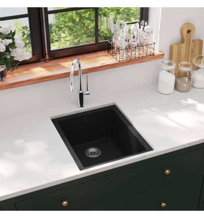 Évier de cuisine avec trou de trop-plein Noir Granit | Mobilier & Déco