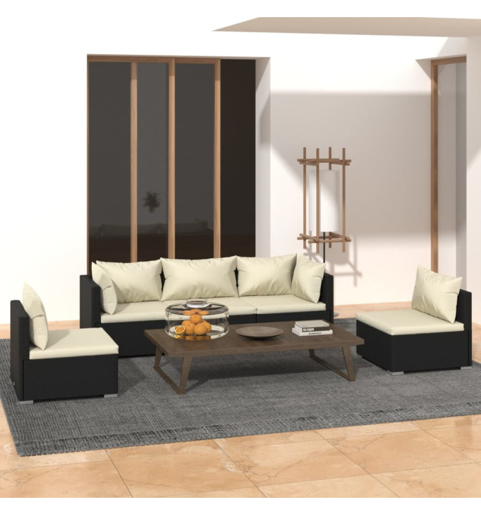 Salon de jardin 5 pcs avec coussins Résine tressée Noir | Mobilier & Déco