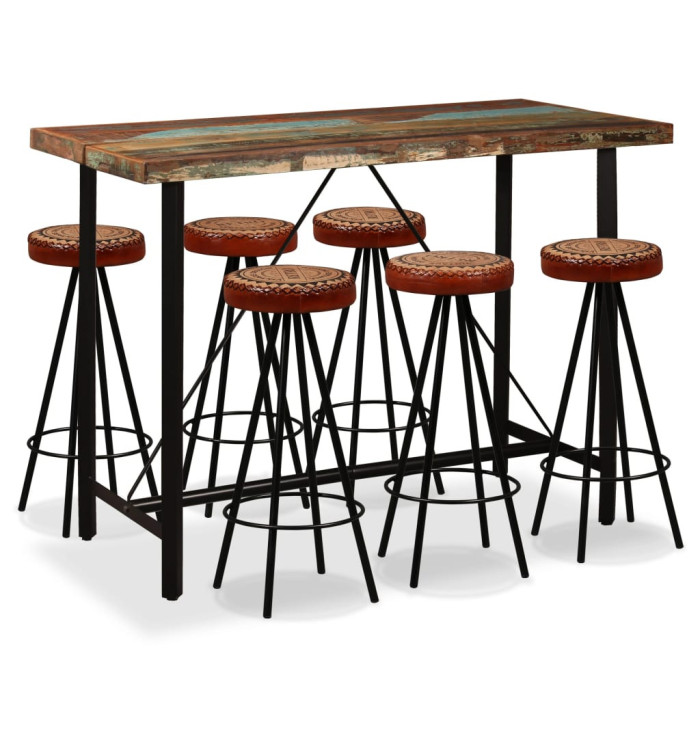 Ensemble de bar 7 pcs Bois de récupération Cuir véritable et toile | Mobilier & Déco