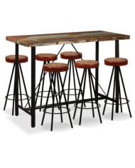 Ensemble de bar 7 pcs Bois de récupération Cuir véritable et toile | Mobilier & Déco
