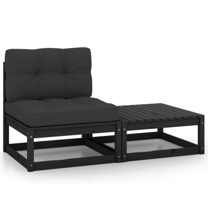 Salon de jardin 2 pcs avec coussins Noir Bois de pin massif | Mobilier & Déco