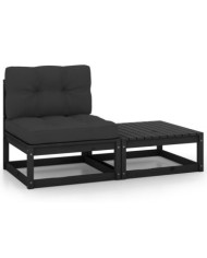 Salon de jardin 2 pcs avec coussins Noir Bois de pin massif | Mobilier & Déco