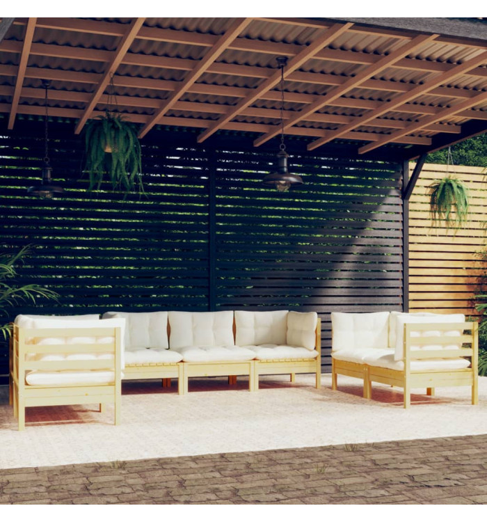 Salon de jardin 7 pcs avec coussins crème bois de pin massif | Mobilier & Déco