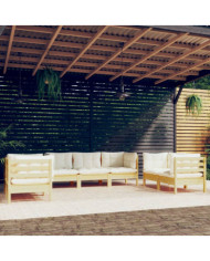 Salon de jardin 7 pcs avec coussins crème bois de pin massif | Mobilier & Déco