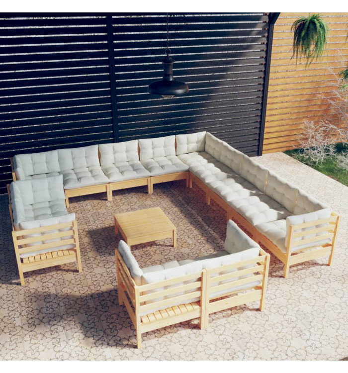 Salon de jardin 14 pcs avec coussins crème Bois de pin solide | Mobilier & Déco