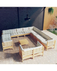 Salon de jardin 14 pcs avec coussins crème Bois de pin solide | Mobilier & Déco