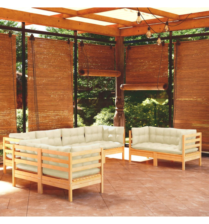Salon de jardin 8 pcs avec coussins crème Bois de pin massif | Mobilier & Déco
