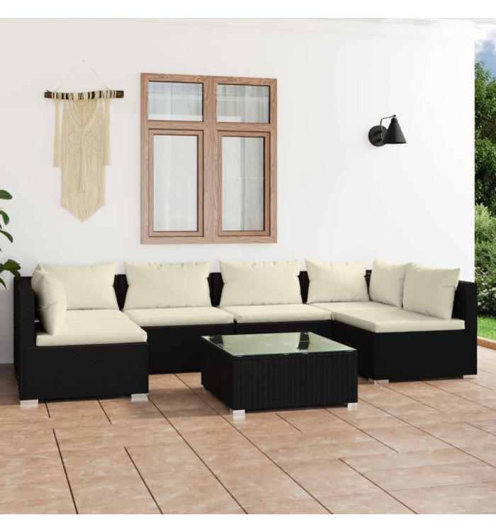 Salon de jardin 7 pcs avec coussins Résine tressée Noir | Mobilier & Déco