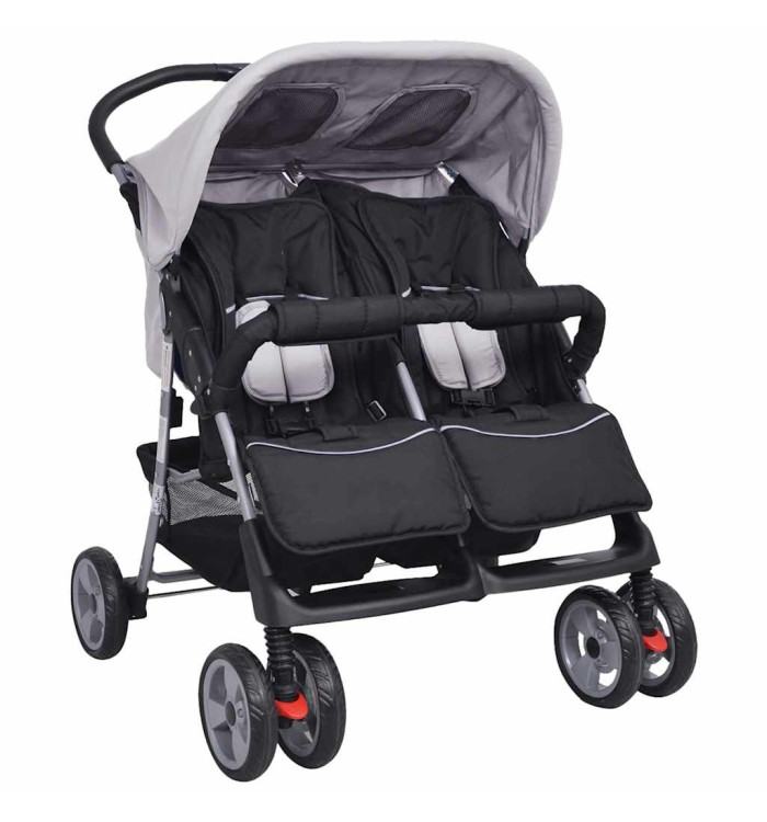 Poussette à deux places Acier Gris et noir | Mobilier & Déco