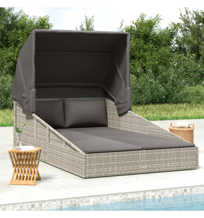 Transat avec toit pliable gris 200x114x128 cm résine tressée | Mobilier & Déco