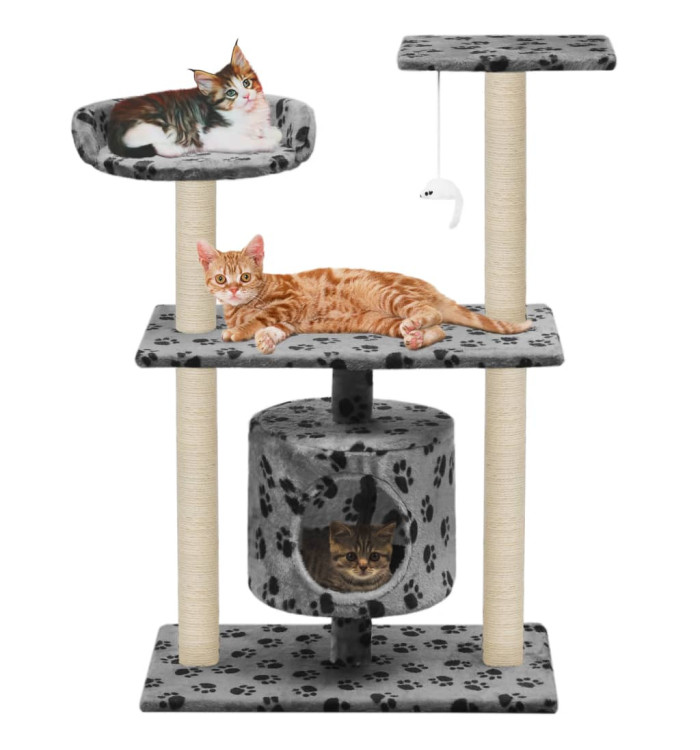 Arbre à chat avec griffoir en sisal 95 cm Gris Motif de pattes | Mobilier & Déco