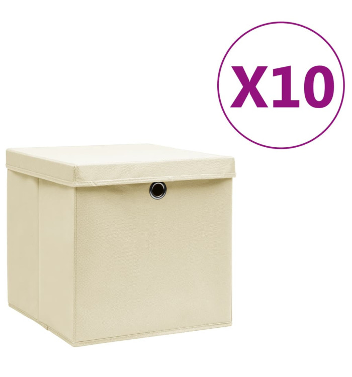Boîtes de rangement avec couvercles 10 pcs 28x28x28 cm Crème | Mobilier & Déco