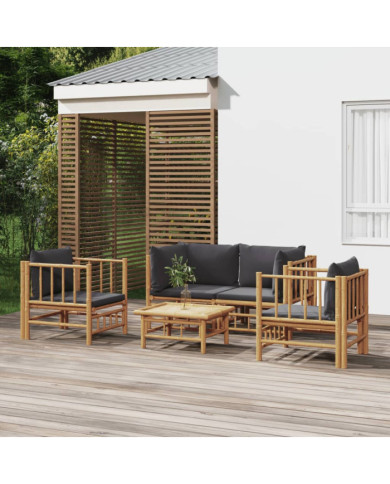 Salon de jardin 5 pcs avec coussins gris foncé bambou | Mobilier & Déco