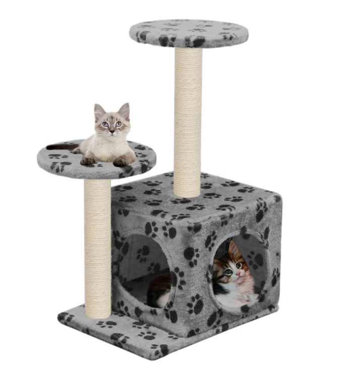 Arbre à chat avec griffoir en sisal 60 cm Gris Motif de pattes | Mobilier & Déco
