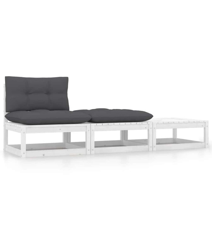 Salon de jardin 3 pcs avec coussins Blanc Bois de pin massif | Mobilier & Déco