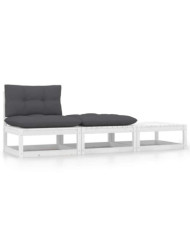 Salon de jardin 3 pcs avec coussins Blanc Bois de pin massif | Mobilier & Déco