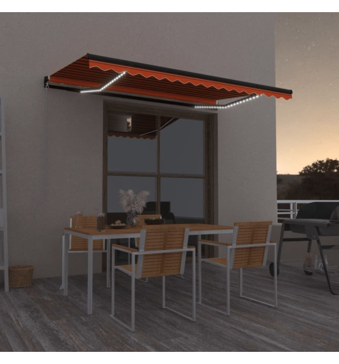 Auvent manuel rétractable avec LED 450x350 cm Orange et marron | Mobilier & Déco