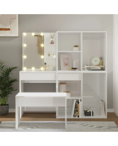 Ensemble de coiffeuse avec LED Blanc brillant Bois d'ingénierie | Mobilier & Déco