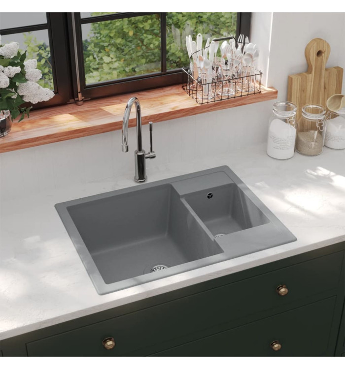 Évier de cuisine et deux lavabos trou de trop-plein Gris Granit | Mobilier & Déco