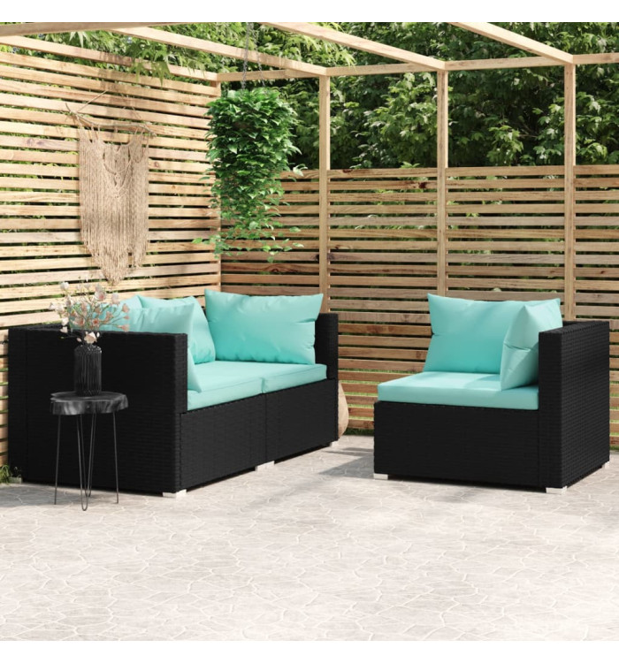 Salon de jardin 3 pcs avec coussins Noir Résine tressée | Mobilier & Déco