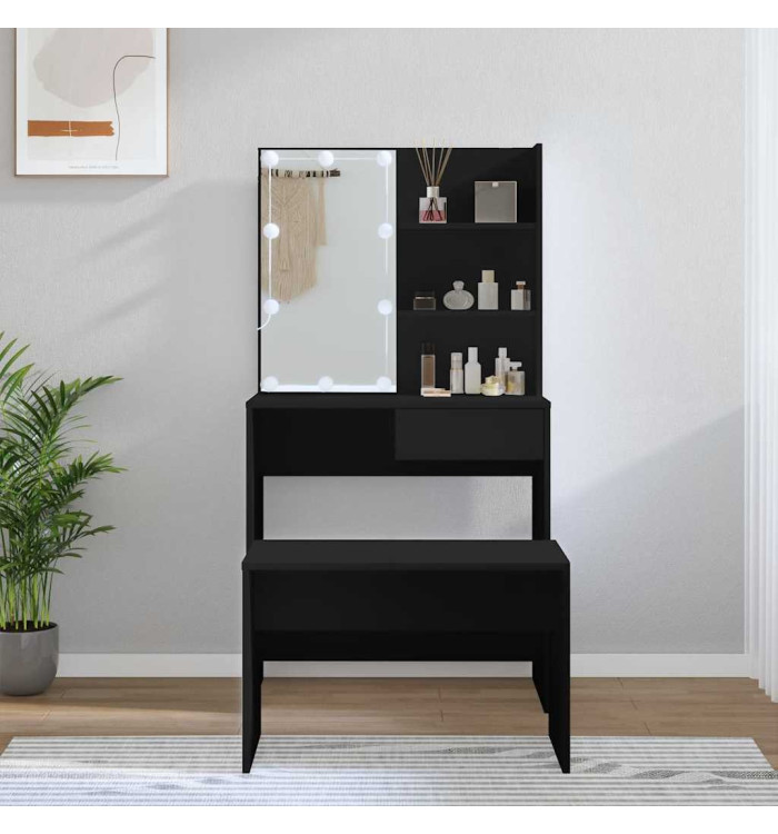 Ensemble de coiffeuse avec LED Noir Bois d'ingénierie | Mobilier & Déco