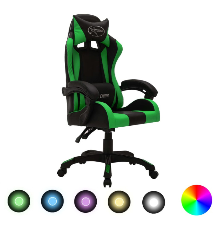 Fauteuil de jeux vidéo avec LED RVB Vert et noir Similicuir | Mobilier & Déco