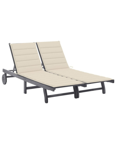 Chaise longue de jardin 2 places avec coussin Gris Acacia | Mobilier & Déco