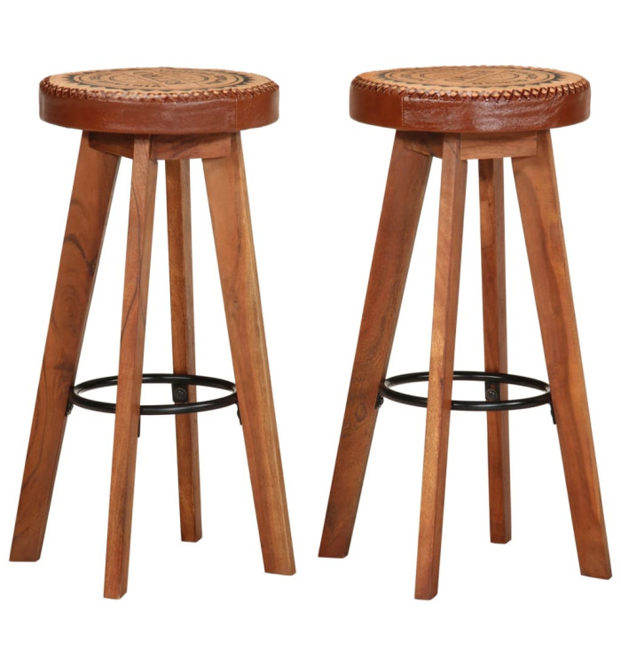 Tabourets de bar 2 pcs Cuir véritable et bois d'acacia solide | Mobilier & Déco