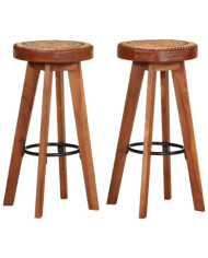 Tabourets de bar 2 pcs Cuir véritable et bois d'acacia solide | Mobilier & Déco