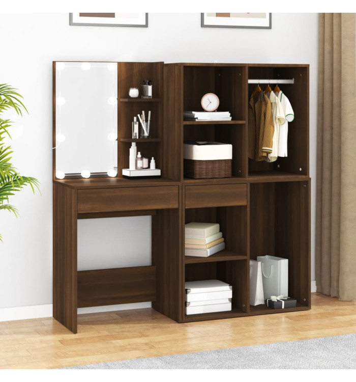 Coiffeuse à LED avec armoires Chêne marron Bois d'ingénierie | Mobilier & Déco