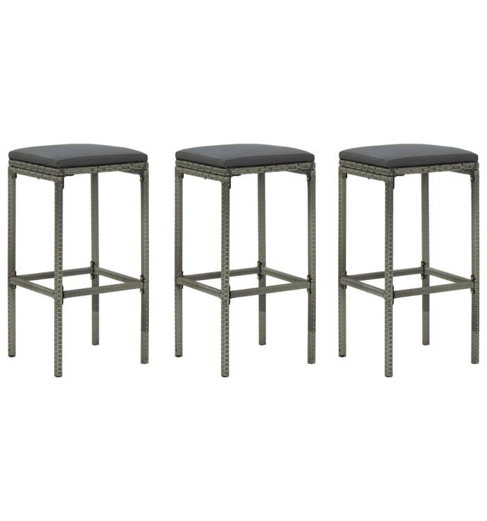 Tabourets de bar avec coussins lot de 3 gris résine tressée | Mobilier & Déco