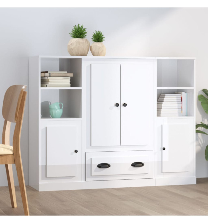 Buffets 3 pcs blanc brillant bois d'ingénierie | Mobilier & Déco