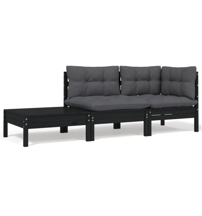 Salon de jardin 3 pcs avec coussins Noir Bois de pin massif | Mobilier & Déco