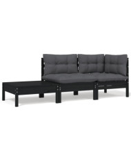 Salon de jardin 3 pcs avec coussins Noir Bois de pin massif | Mobilier & Déco